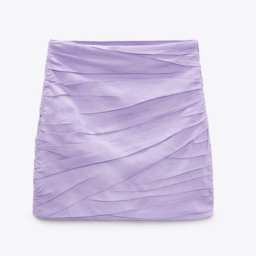 Zara Lilac Linen Blend Ruched Mini Skirt - Small